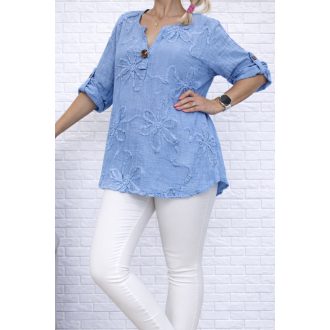 Virágdíszes,roll-up ujjú ingfazonú felső ! kék XL-XXL