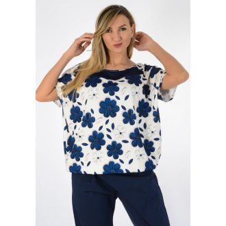   Virágos,betétes,gumis aljú Yesstory felső !  sötétkék-ekrü L-XXL