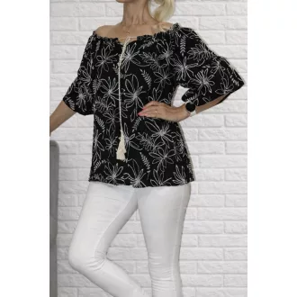   Virág mintás,harangujjú,vállra húzható felső ! fekete M-XL