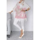 Levél mintás,csipkés aljú,lenes ingtunika! fehér-rózsaszín 3XL-6XL
