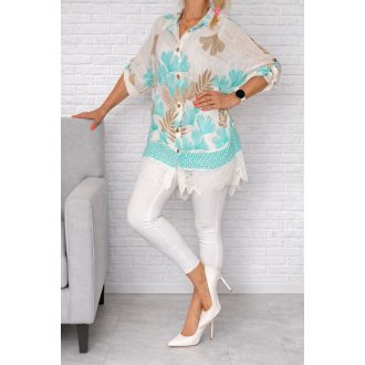   Levél mintás,csipkés aljú,lenes ingtunika! fehér-türkiz 3XL-6XL