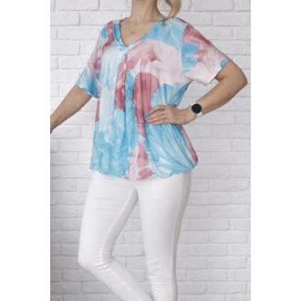 Mintás,V nyakú,gumis aljú felső! türkiz-mályva L-XXL