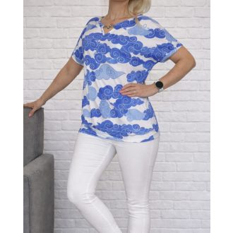   Mintás,ékszerdíszes,passzés aljú felső! királykék-fehér L-XXL