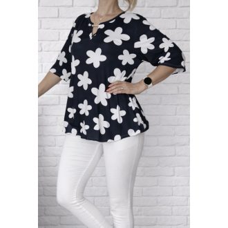   Virág mintás,ékszerdíszes,gumis aljú felső! sötétkék-fehér  XXL-3XL