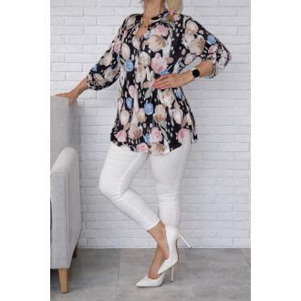   Virágos,roll-up ujjú ingfazonú felső ! fekete-púderrózsaszín XL-XXL