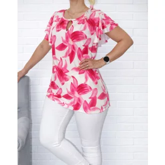   Virág mintás,fodros ujjú,cseppkivágású felső ! pink-fehér M-XL