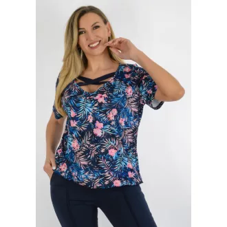   Levél mintás,mellnél keresztpántos,gumis aljú felső! sötétkék-rózsaszín L-XXL