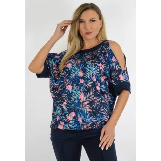   Levél mintás,válla nyitott,denevérujjas felső! sötétkék-rózsaszín  L-XXL