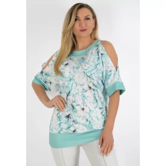   Mintás,válla nyitott,denevérujjas felső! menta-fehér L-XXL