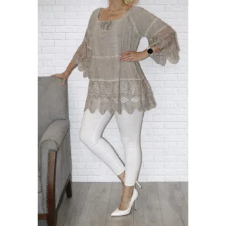   Madeirás csipkés,harangujjú,batikolt,prémium tunika! bézs  L-XL