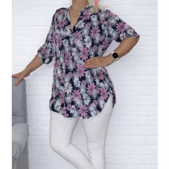   Virág mintás,roll-up ujjú ingfazonú felső ! sötétkék-rózsaszín L-XXL