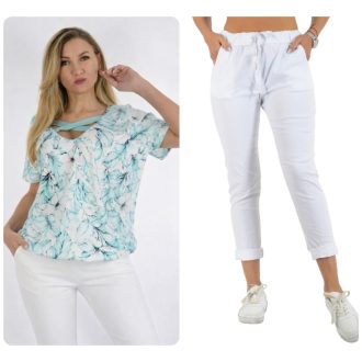   Virág mintás,keresztpántos, gumis aljú ,nadrágos szett ! menta L-XXL