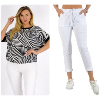   Mintás, aszimmetrikus,ujja kötős, gumis aljú ,nadrágos szett ! fekete-fehér L-XXL