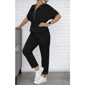   Derékban húzott,cipzáras,zsebes nadrágos szett ! fekete M-XL