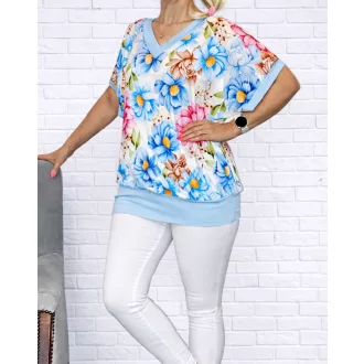 Virágos,V nyakú,passzés aljú felső! kék XXL-3XL