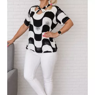   Virágos,csavart nyakú,gumis aljú felső! fekete-fehér L-XL