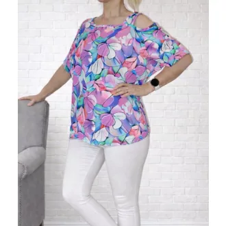  Virágos,nyitott vállú,gumis aljú felső! magenta-kék L-XXL
