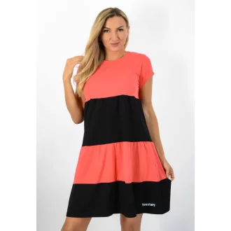   Két színű ,kereknyakú,A vonalú tunika! korall-fekete M-XL