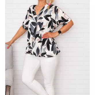   Levél mintás,V nyakú,gumis aljú felső! fekete-ekrü-camel XL-XXL