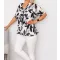 Levél mintás,V nyakú,gumis aljú felső! fekete-ekrü-camel XL-XXL