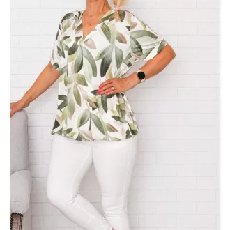   Levél mintás,V nyakú,gumis aljú felső! zöld-ekrü-camel XL-XXL