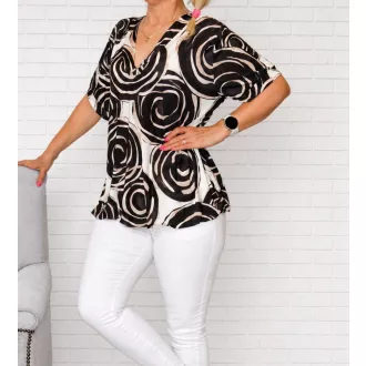   Karika mintás,V nyakú,gumis aljú felső! fekete-ekrü-camel XL-XXL