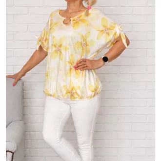   Virágos,karika díszes,kötös ujjú,gumis aljú felső! sárga  XXL-3XL