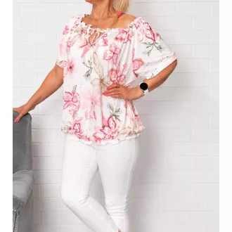   Virág mintás,nyaknál-alján gumis felső! fehér-rózsaszín  XL-3XL