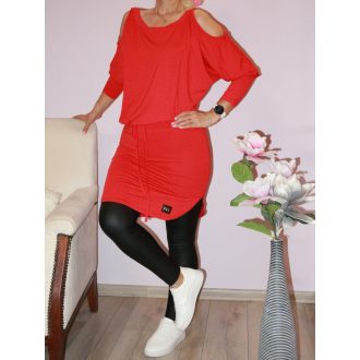   Válla nyitott,derékban kötős,denevérujjas tunika! piros  M-XL