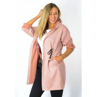   Kapucnis,derékban húzott,zsebes velúr kabátka!  púderrózsaszín  M-XL