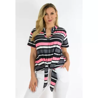 Csíkos,ingfazonú,elöl kötős felső! pink-fekete L-XXL