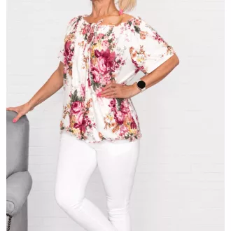   Virág mintás,nyaknál-alján gumis felső! púderrózsaszín-zöld-fehér XL-3XL