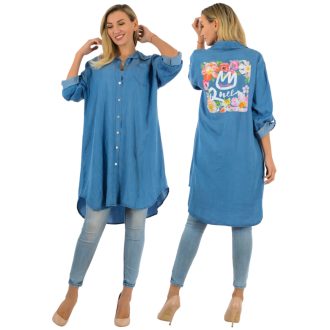   Mintás hátú,roll-up ujjú ,farmer ingruha! farmerkék L-XL