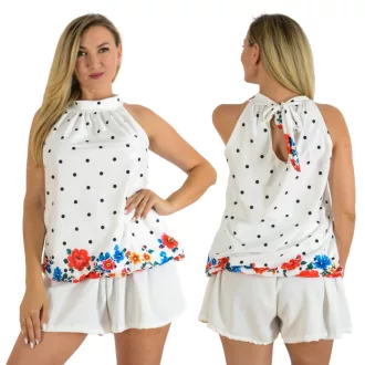   Pöttyös,népi motívumos,nyaknál kötős,gumis aljú felső! fehér-fekete L-XL