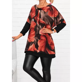   Levél mintás,húzott nyakú,zsebes tunika! terrakotta-csokibarna XXL-3XL