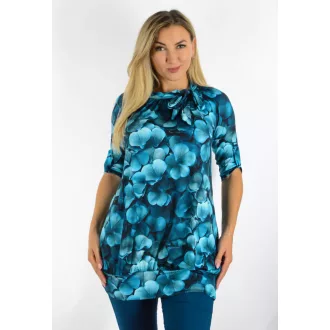   Virágos,nyaknál kötős,passzés aljú tunika! türkiz L-XL