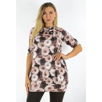   Virágos,nyaknál kötős,passzés aljú tunika! barna-fehér L-XL 
