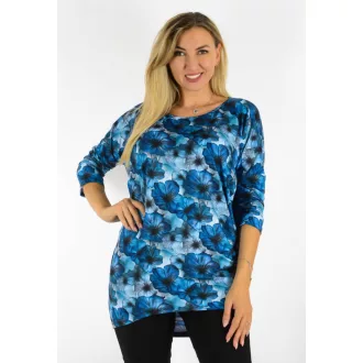   Virágos,denevérujjas,hátulja hosszabb tunika! kék-fekete-fehér L-XXL