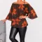 Virágos,tölcsérujjú,muszlin felső! korall-csokibarna L-XXL