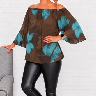   Virágos,tölcsérujjú,muszlin felső! türkiz-csokibarna L-XXL