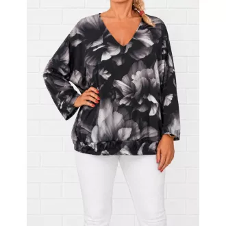   Virág mintás,V nyakú,passzés aljú felső! fekete-fehér  L-XXL