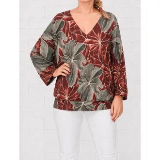   Virág mintás,V nyakú,passzés aljú felső! khaki-barna L-XXL