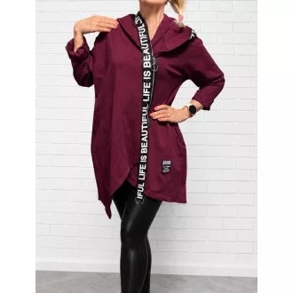   Kapucnis,szalagdíszes,cipzáras,zsebes prémium kardigán ! bordó L-XL