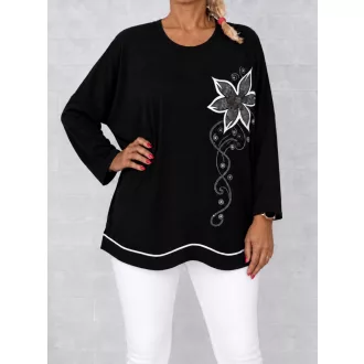 Strasszos virágos,passzés aljú felső ! fekete  XL-XXL