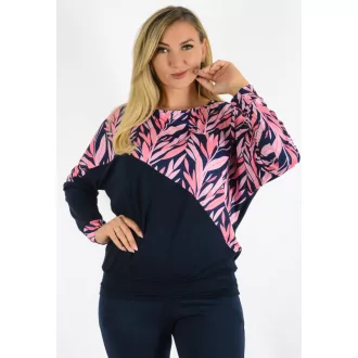   Levél mintás,denevérujjas,passzés aljú felső! málna-rózsaszín-sötétkék L-XL