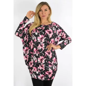 Virágos,aszimmetrikus tunika ! rózsaszín-fekete L-XXL