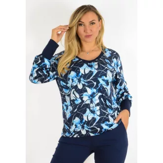Virágos V nyakú felső! kék-fekete L-XXL