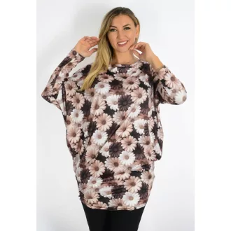 Virágos,aszimmetrikus tunika ! csokibarna-fehér L-XXL