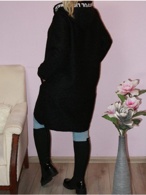 Kapucnis,zsebes,gyapjú buklé kabátka! fekete L-XXL