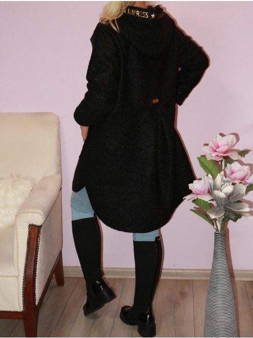 Kapucnis,zsebes,szalagdíszes,gyapjú, buklé kabátka! fekete L-XXL